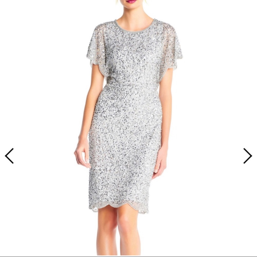 Adrianna Papell Silver Sequin Bead Cocktail Dress
